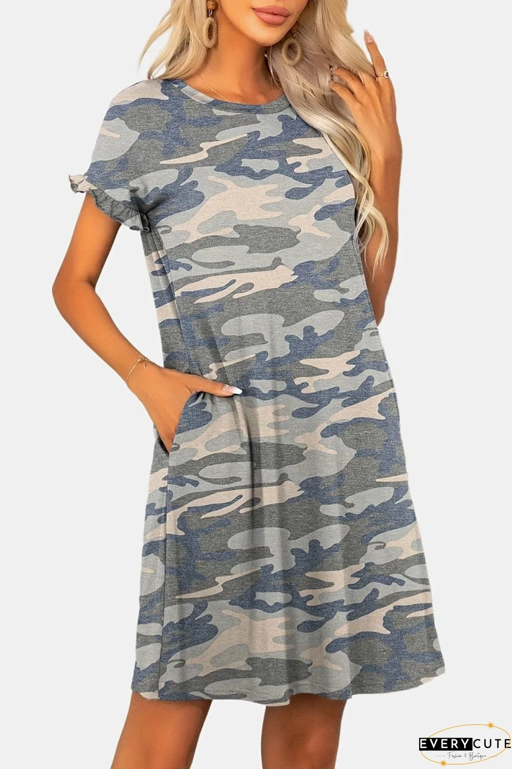 Flounce Sleeve Round Neck Dress with Pockets