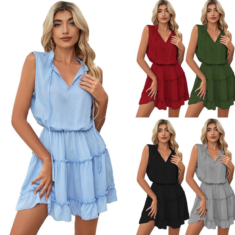 Summer V-neck Loose Pullover Solid Color Dress Sleeveless Simple Knee-length Skirt