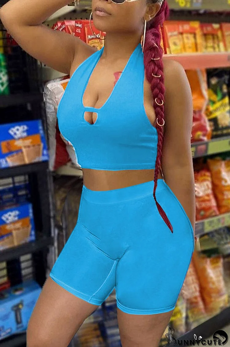 Blue Sexy Solid Patchwork V Neck Sleeveless Two Pieces