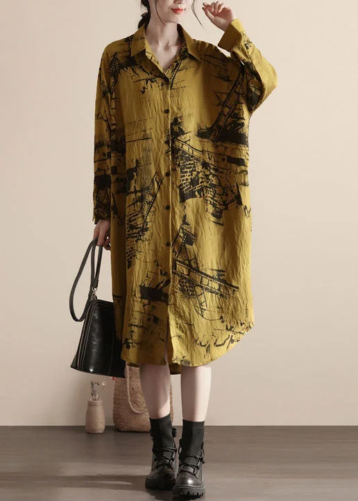 Plus Size Yellow Peter Pan Collar Patchwork Linen Shirts Dresses Spring