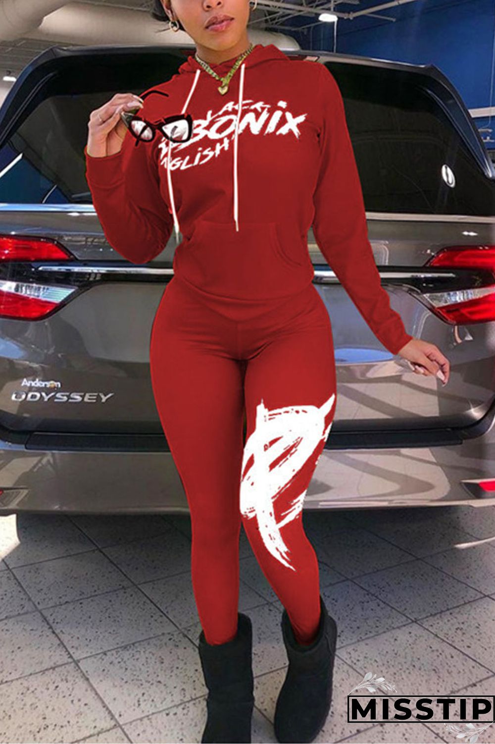 Red Casual Print Patchwork Hooded Collar Long Sleeve Two Pieces