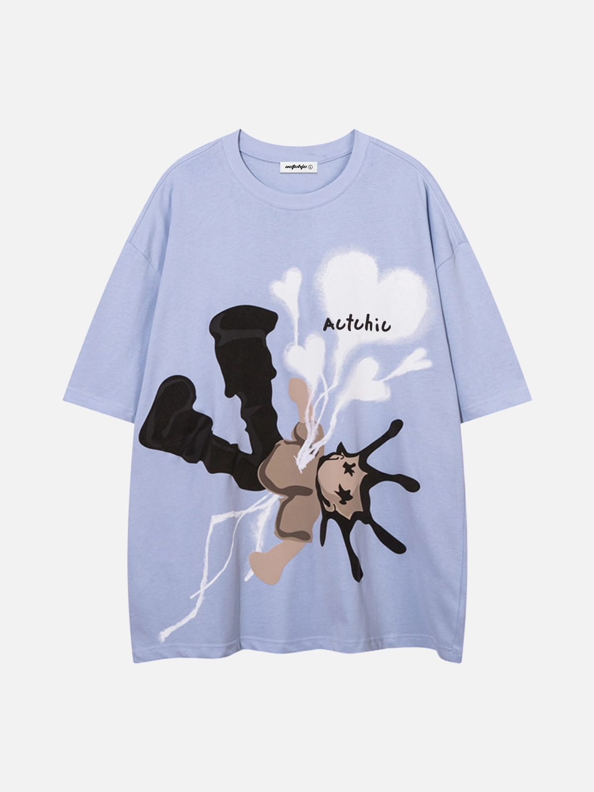 Blue Act Chic Broken Heart Fun Cartoon Print Tee Front