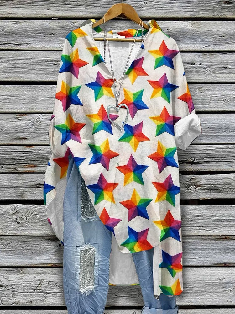 Women's Vintage Rainbow Star Pattern Print Casual Cotton And Linen Shirtdress