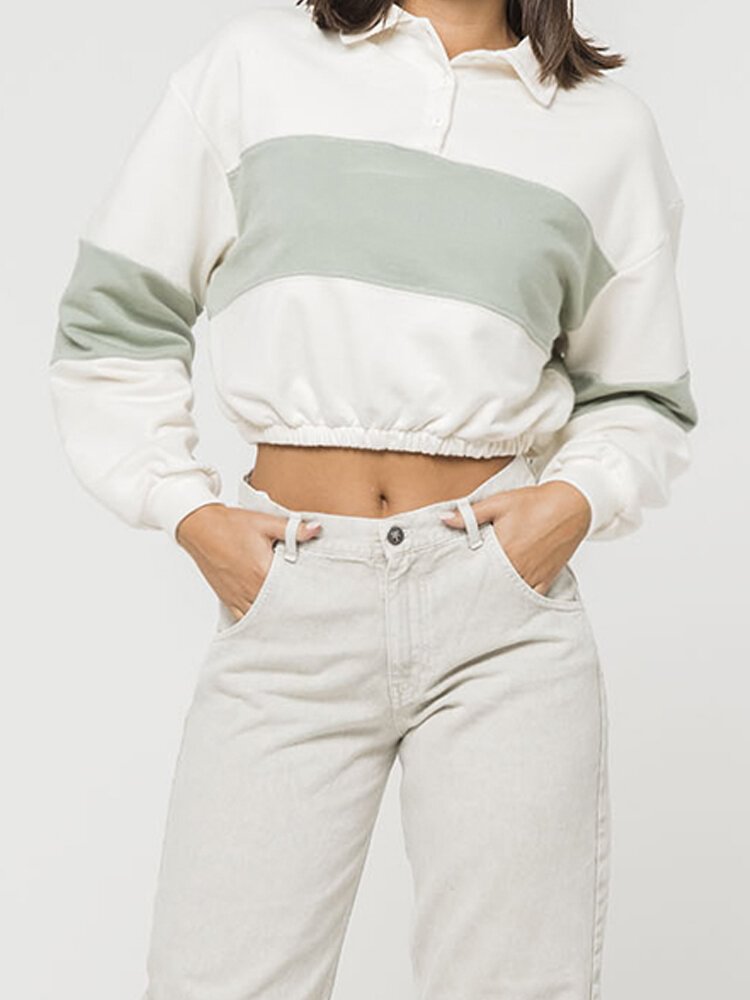 Patch Contrast Color Pullover Cropped Sweatshirt for Women