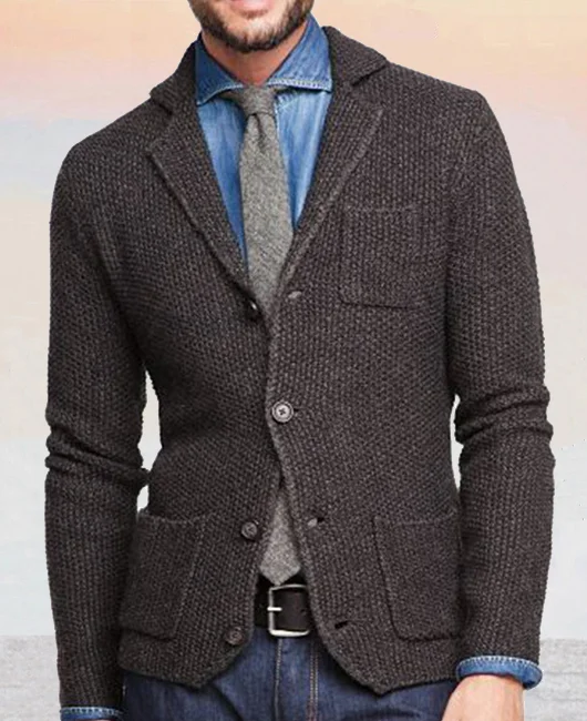 Notch Lapel Single Breasted Multi-pocket Knitted Sweater Jacket Okaywear
