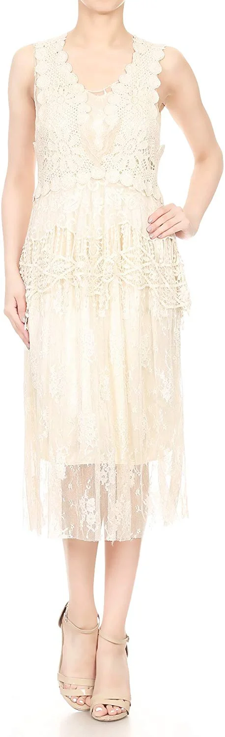 Womens Vintage Lace Gatsby 1920s Cocktail Dress with Crochet Vest