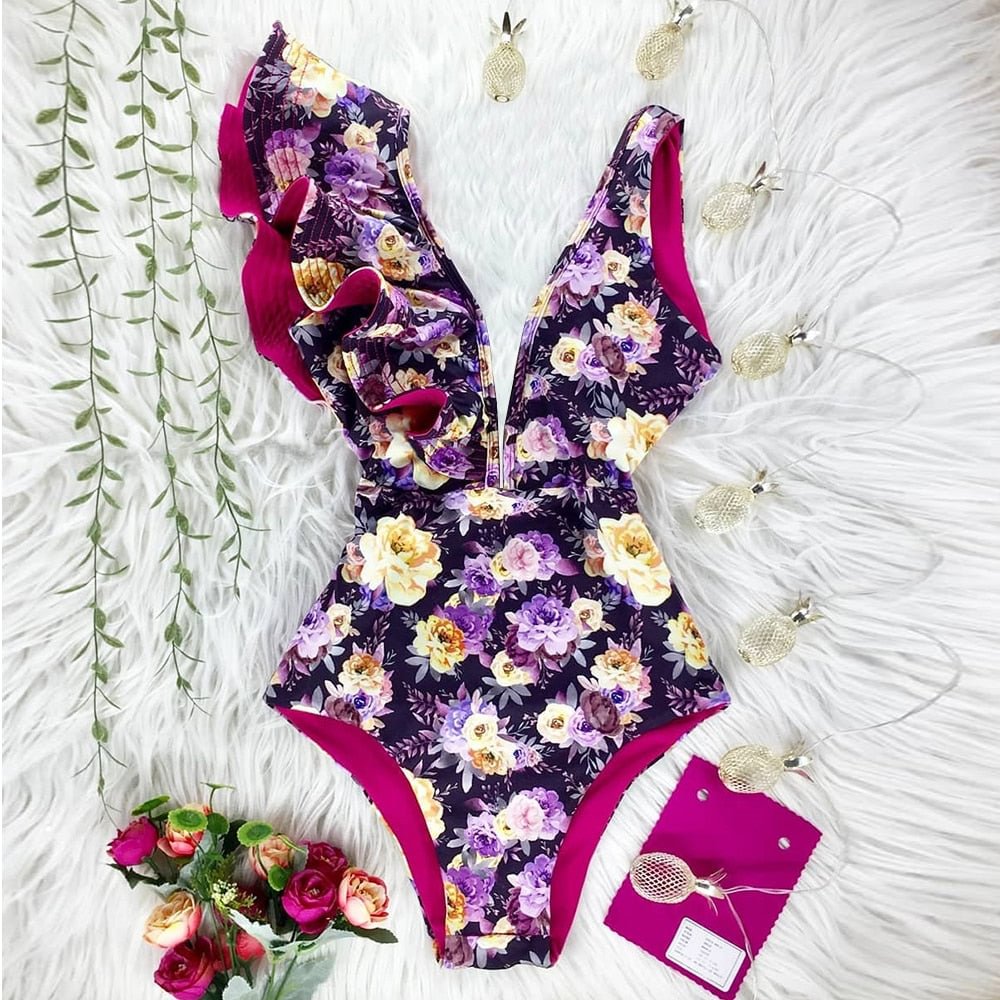 2021 New Sexy Ruffle Print Floral One Piece Strappy Slimming Swimwear Women Swimsuit Deep-V Bathing Suit Beach Wear Monkini
