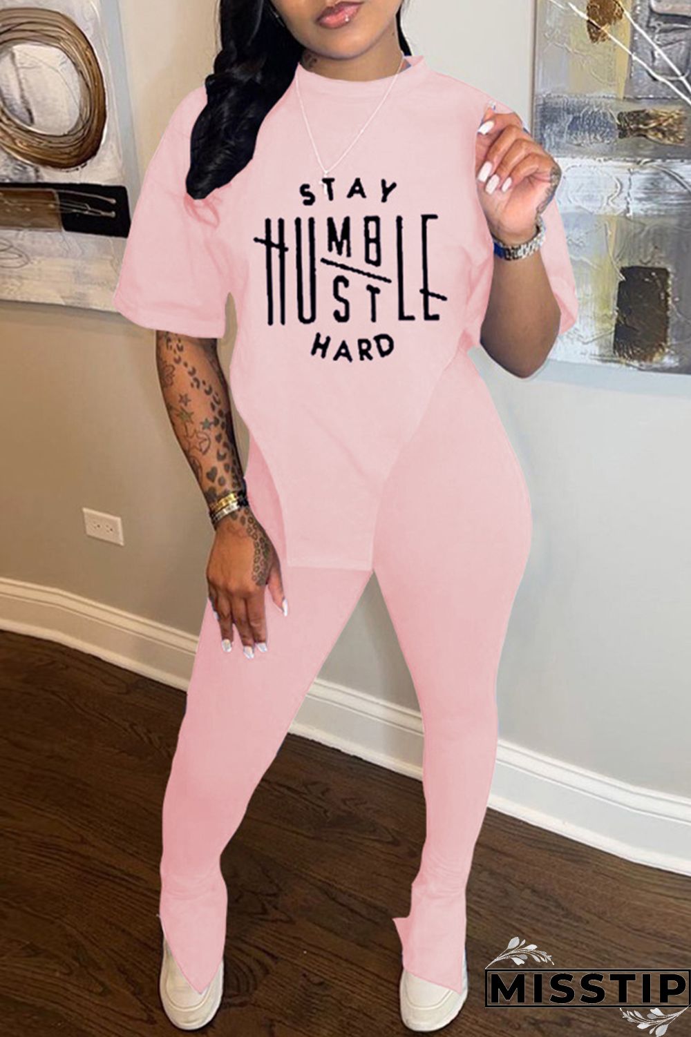 Black Fashion Casual Print Slit Asymmetrical O Neck Short Sleeve Two Pieces