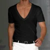 Men's Basic White Deep V-Neck Cotton Short Sleeve T-Shirt by Inlyline