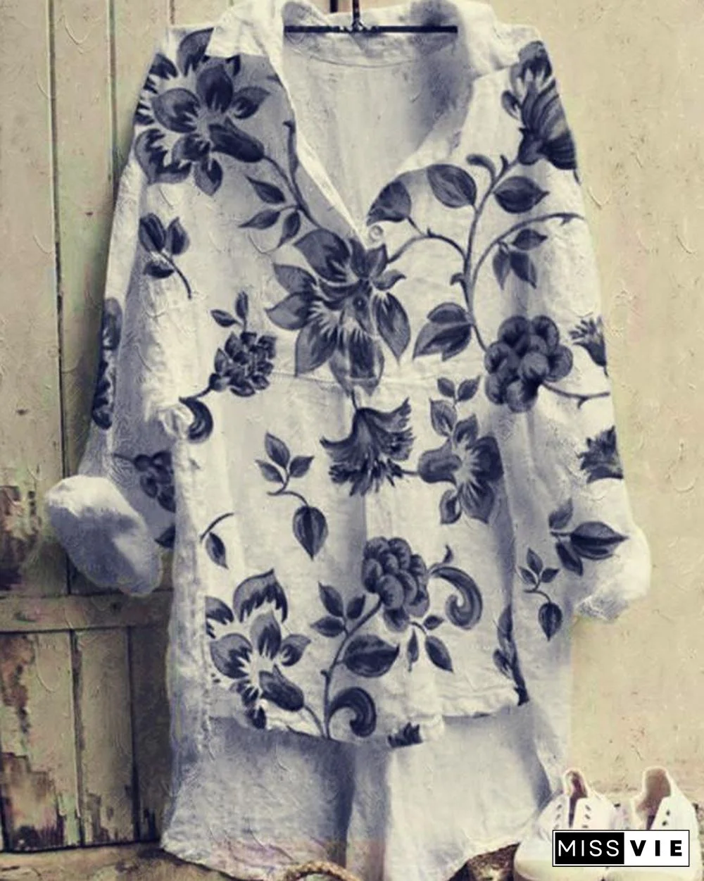 Lapel Printed Long-sleeved Shirt