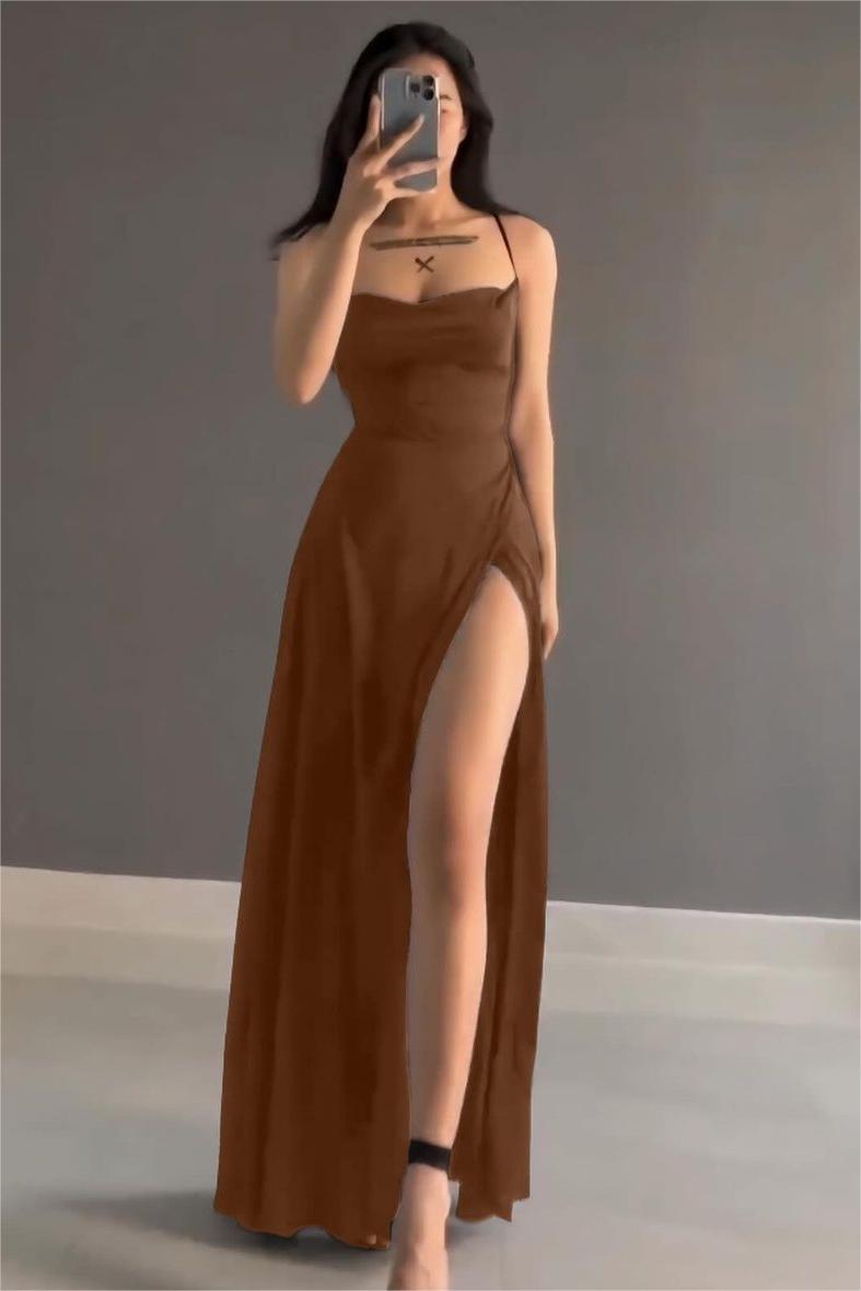 Lvs&Broner Simple Black Stain Spaghetti Strap Sleeveless Long Prom Dress with Split
