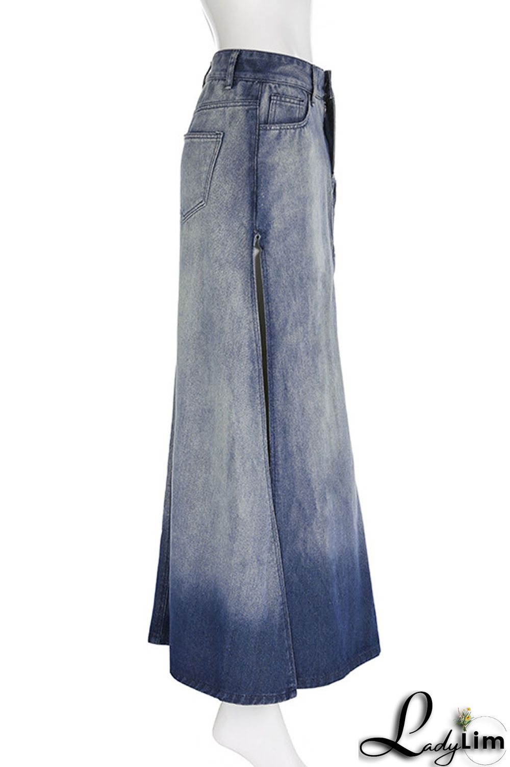 Blue Casual Daily Gradual Change Make Old Slit Regular Denim Skirts