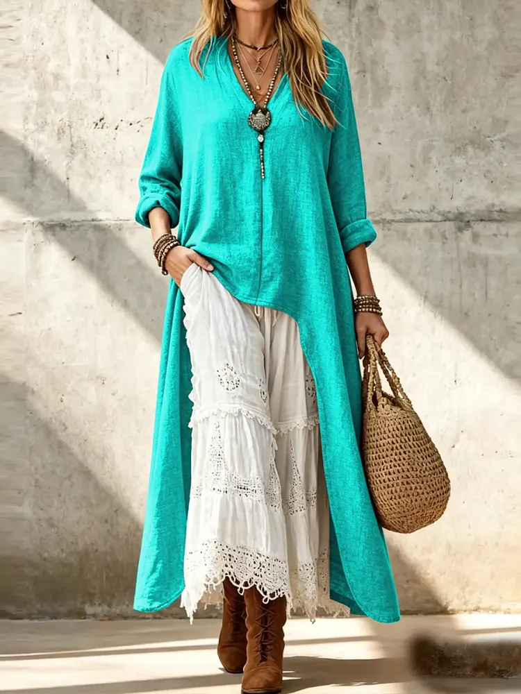 Women's Casual Retro Loose Fitting Long Back Hem Cotton Linen Shirt