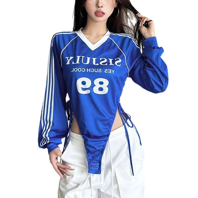 Uveng Autumn 2024 New Women's Unique Number Printing Side Striped Pull Rope Design Top