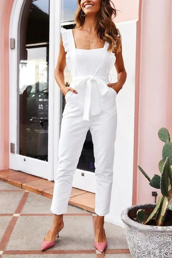 Fungus Edge Solid Color Jumpsuit(With Belt)