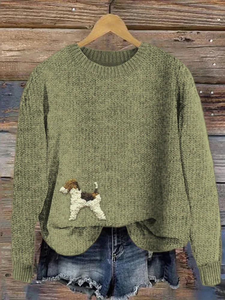 Comstylish Lovely Dog Fuzzy Embroidered Knit Sweater