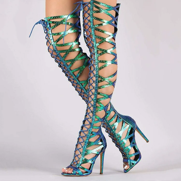 Women's Holographic Peep Toe Lace Up Knee Heeled Gladiator Sandals |FSJ Shoes