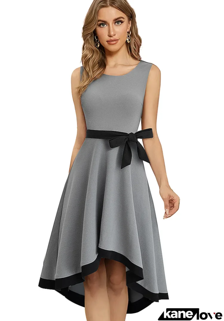 Women Summer Grey Vintage O-Neck Sleeveless Solid Bow A-line Midi Dress