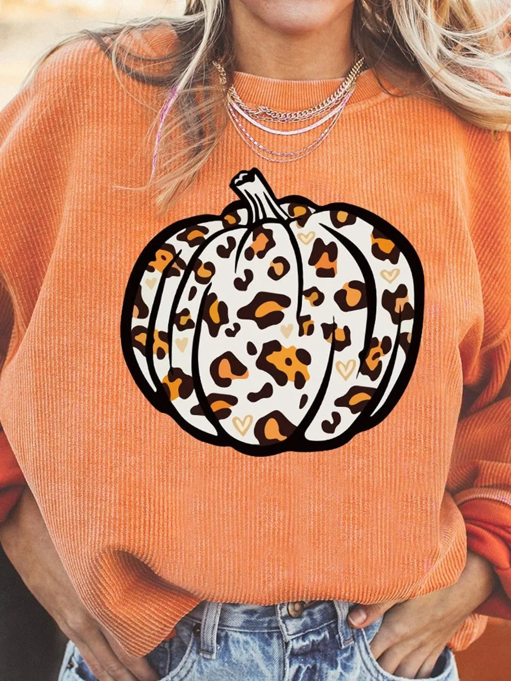 Leopard Pumpkin Orange Corded Graphic Sweater