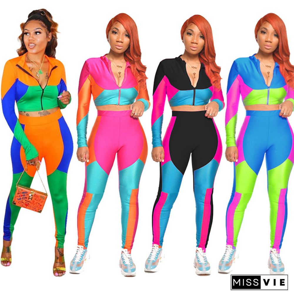 Hot-selling Color Block Mosaic Printing Leisure Two-piece Set