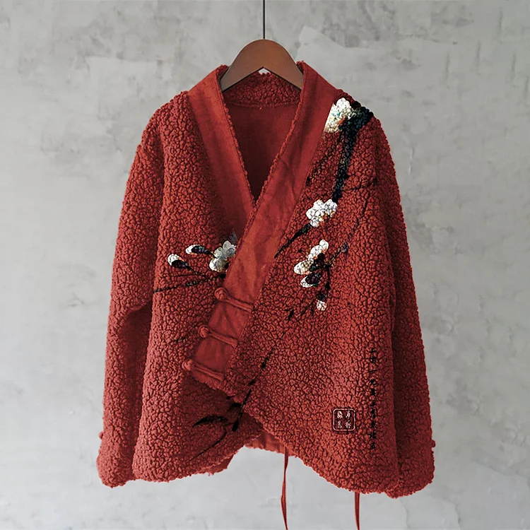 Japanese Plum Art Cozy Fleece Kimono Cardigan