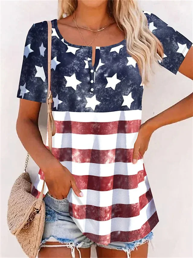 Women Short Sleeve U-neck Striped Printed Button Top