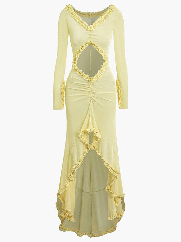 LANFUBEISI - Ruffle Trim Ruched Cut Out Maxi Dress LANFUBEISI