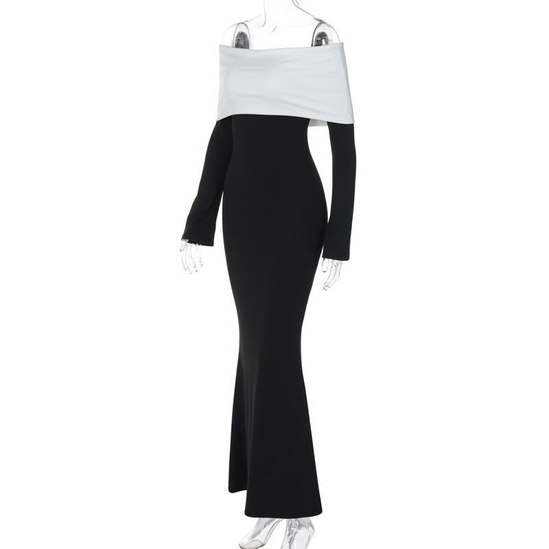 Ootddress Off-Shoulder Patchwork Slim Maxi Dress For Women Long Sleeve High Waist Elegant Backless Party Dress Female Autumn Outfit