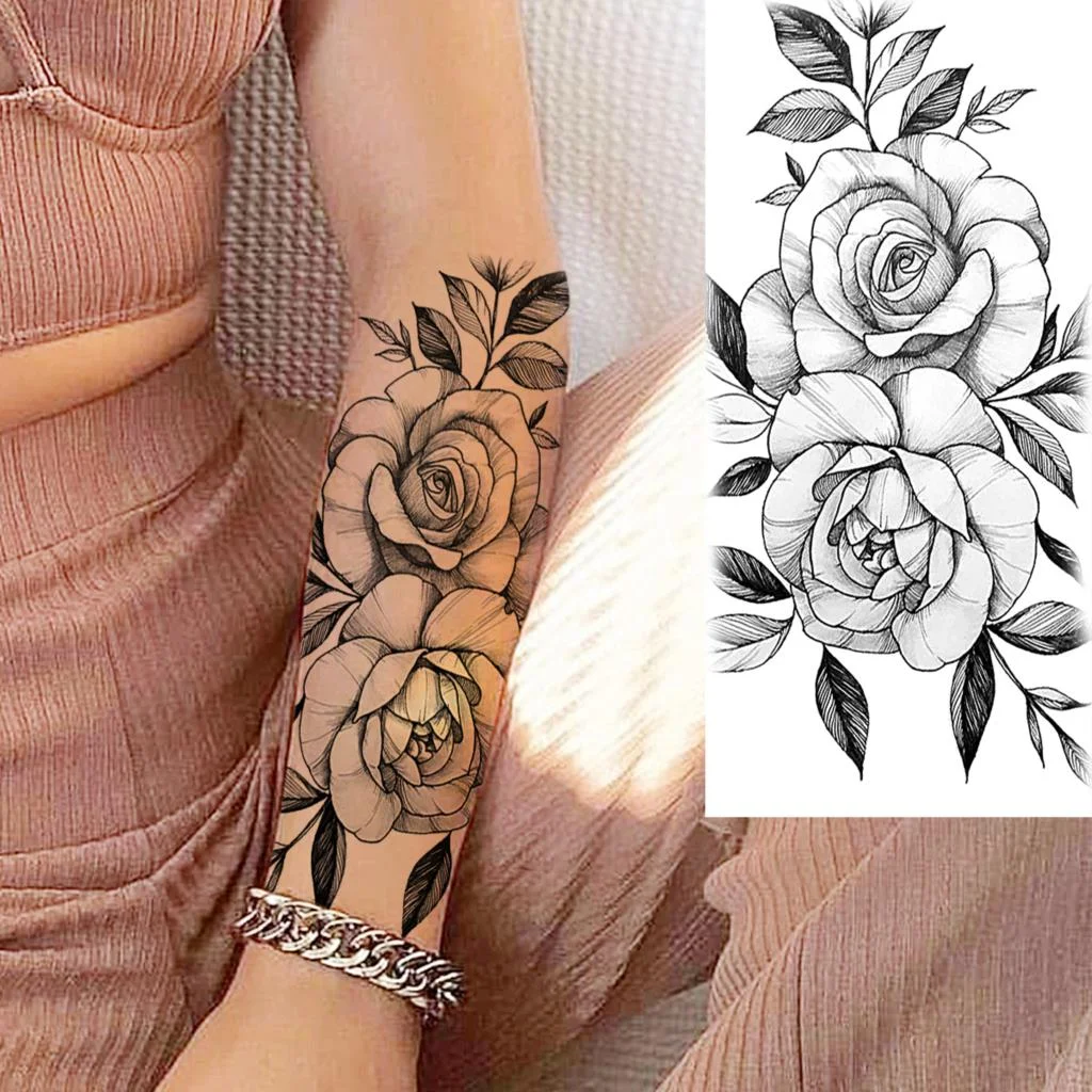 Sdrawing Black Rose Flower Snake Temporary Tattoos For Women Adult Girl Peony Serpent Fake Tattoo Forearm Water Transfer Tatoos Decal