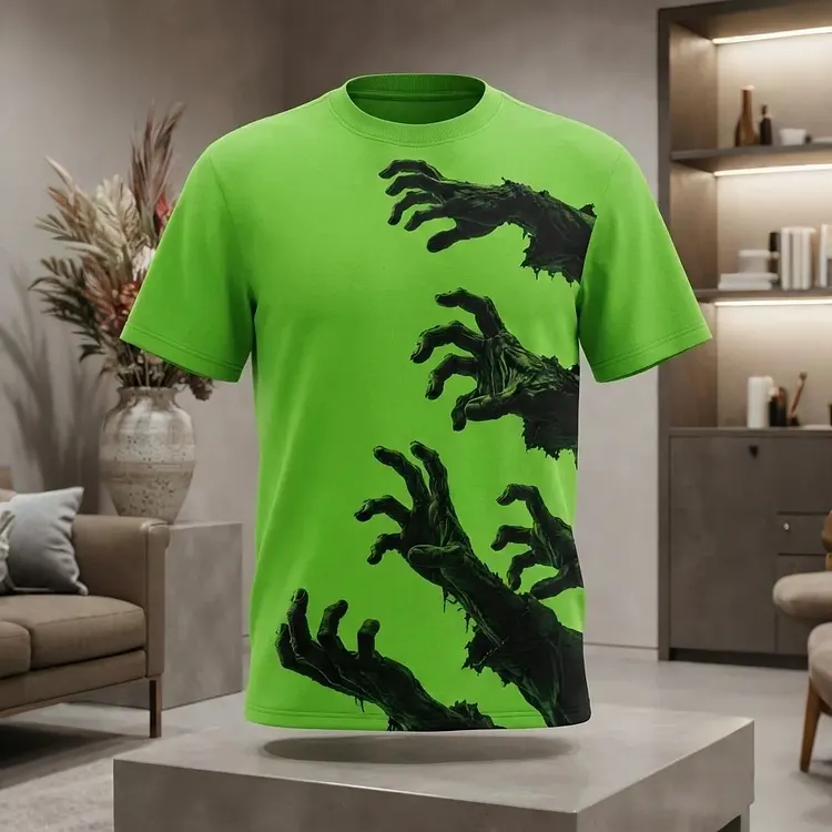 Men's Retro Halloween Zombie Hand Print Crew Neck T-shirt
