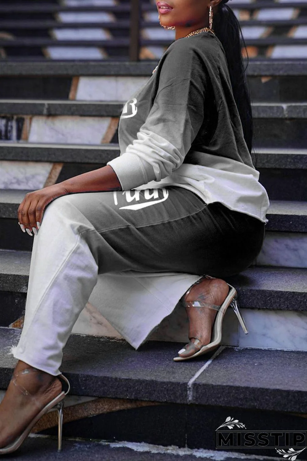 Blue Fashion Casual Gradual Change Letter Print Basic O Neck Long Sleeve Two Pieces