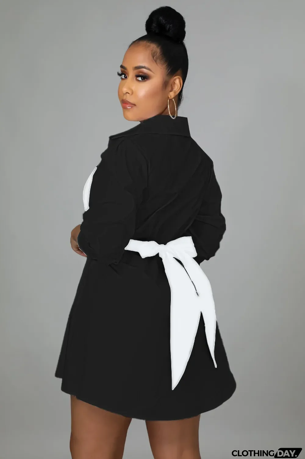 Contrast Colot Bow-Tie Long Sleeve Shirt Dress