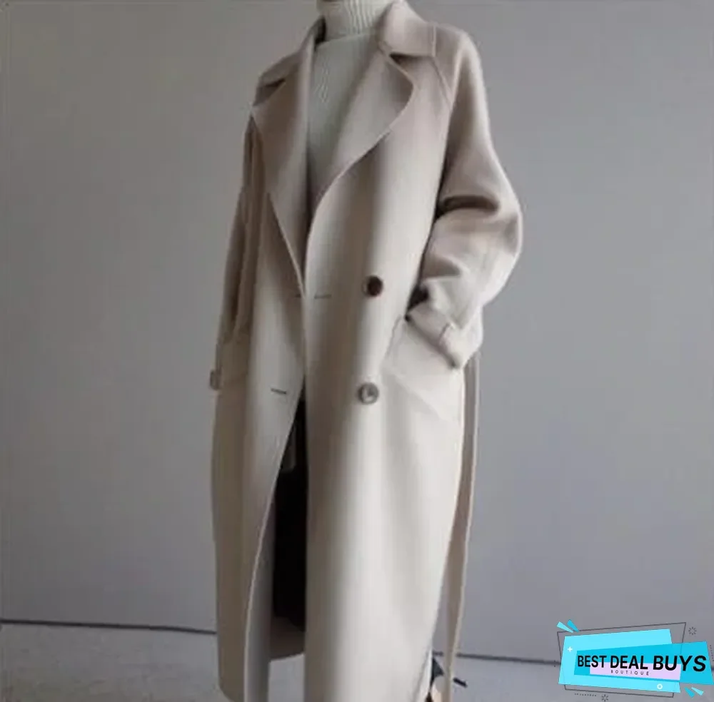 Autumn and Winter Medium Length Loose Over Knee Waist Closing Woolen Coat