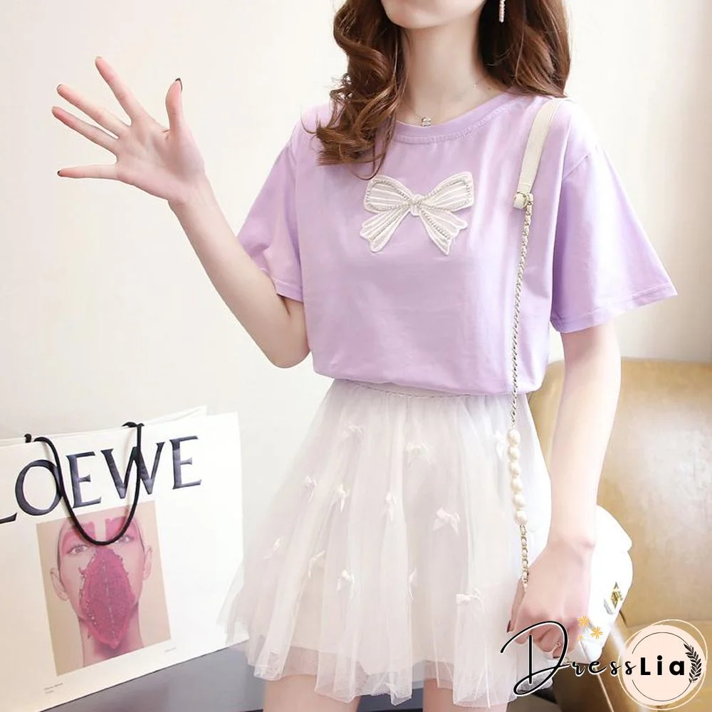 Sweet Bowknot Tee+Mesh Skirt P15738