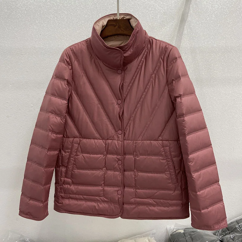 Toloer Double-Sided Double-Color Wear Winter Standing Collar Light Down Jacket Female Short Rubber White Duck Velvet Warm Coat Tide-Outfit Ideas