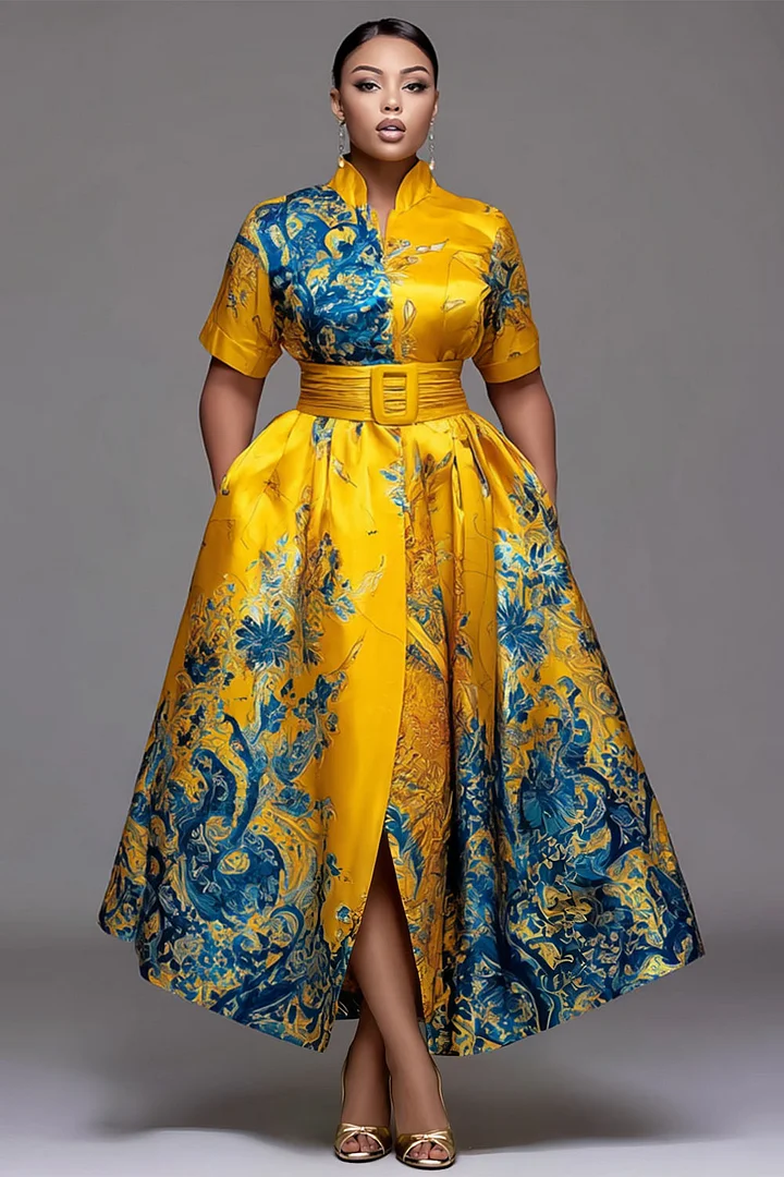 Xpluswear Design Plus Size Formal Yellow All Over Print Stand-Up Collar Short Sleeve Wrap Pocket Satin Midi Dresses 2024 - Xpluswear