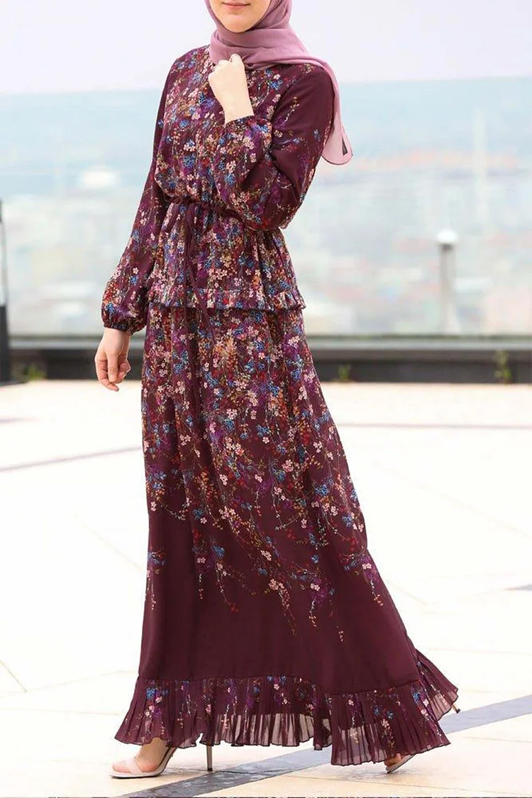 Elegant Tiered Ruffle Floral Print Chiffon Long Sleeve Maxi Dress