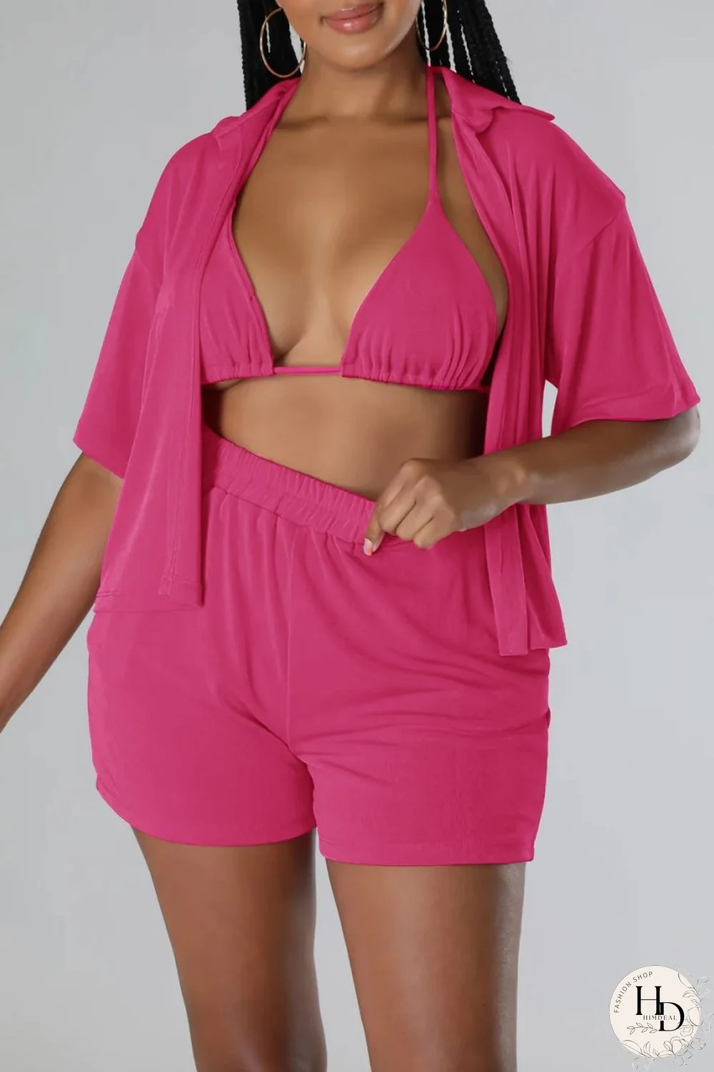 Blue Sexy Casual Solid Frenulum Shirt Collar Short Sleeve Three Piece Set