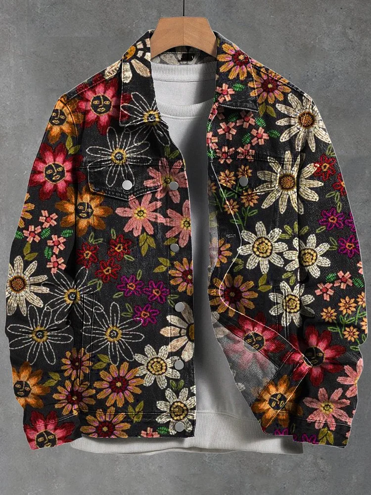 Vintage Floral Art Print Casual Denim Jacket