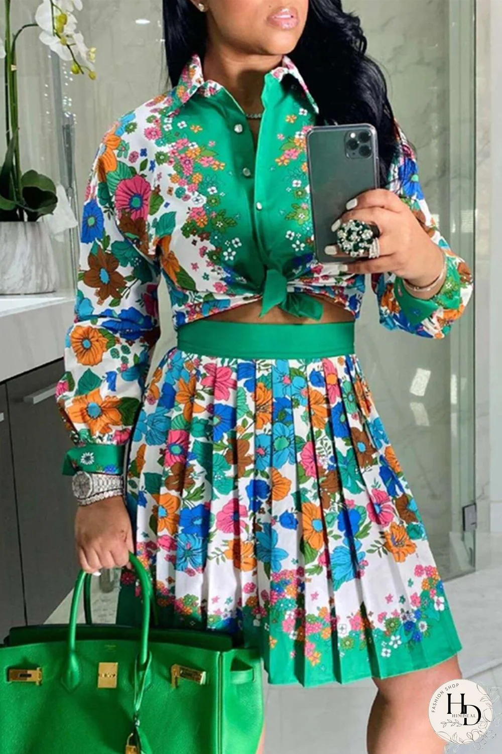 Green Fashion Casual Print Basic Turndown Collar Long Sleeve Two Pieces