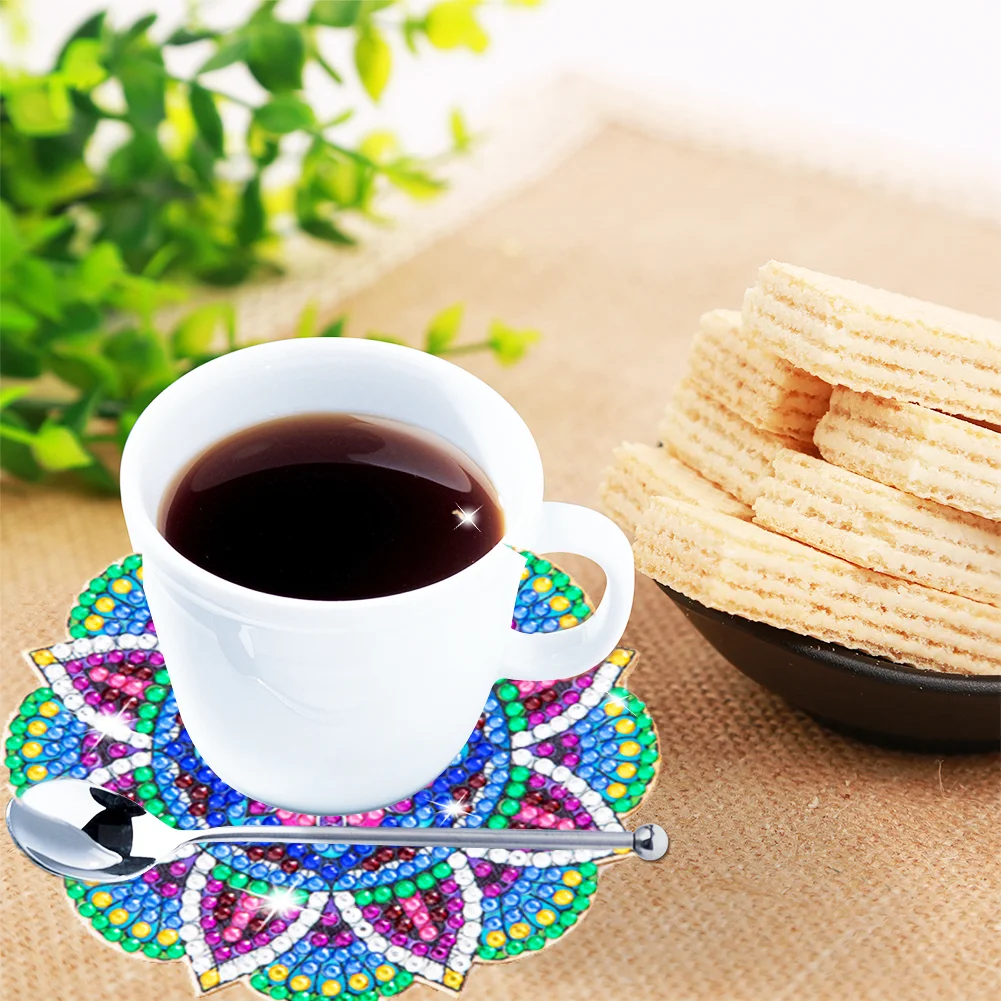 6pcs Datura DIY Diamonds Painting Coaster Woodiness with Rack Cup Pad Decor