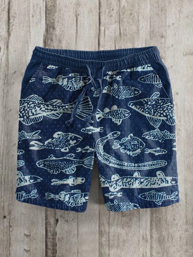 Vintage Fish Print Indigo Linen Casual Shorts