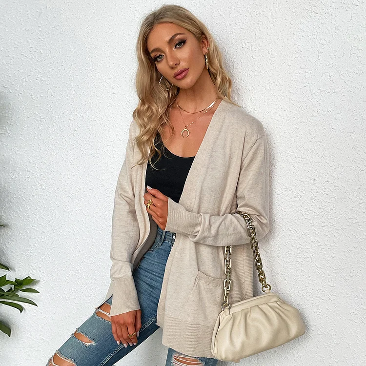 Casual Solid Color Knitted Cardigan Sweater - yankia