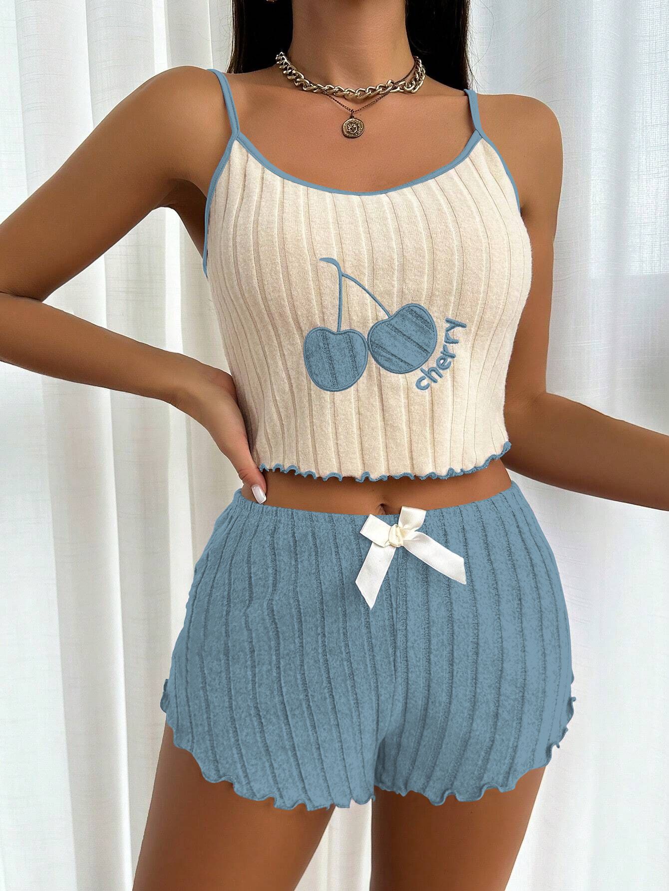 European And American Style Embroidered Pajamas Women's Sanded Camisole Vest Shorts Suit High Elastic Two-piece Suit