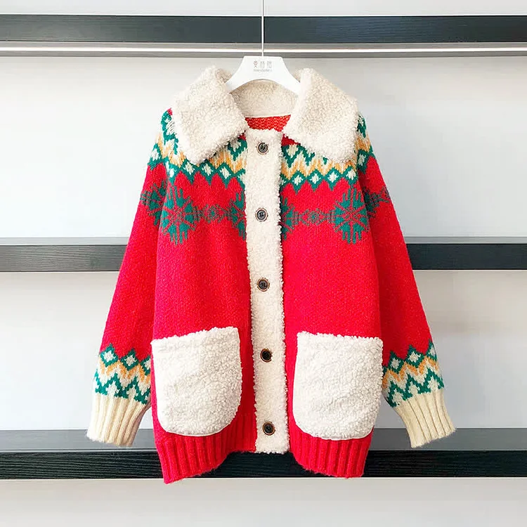 Colorblock Snowflake Print Plush Pocket Sweater Cardigan - Modakawa Modakawa