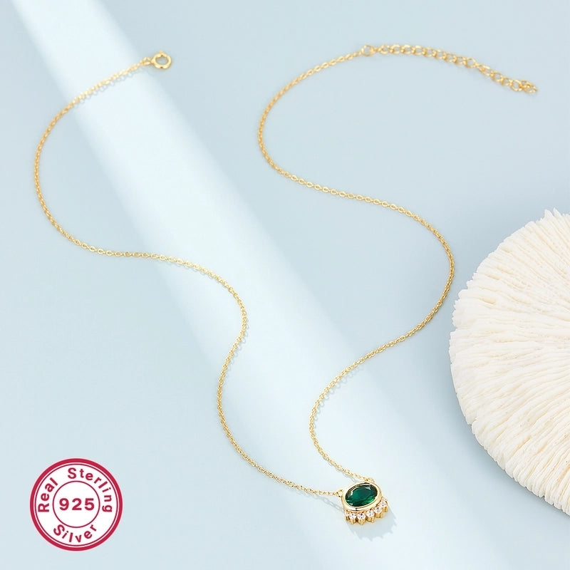 925 Sterling Silver Long-Lasting Plated Zircon Plating Inlay Geometric Oval Pendant Necklace