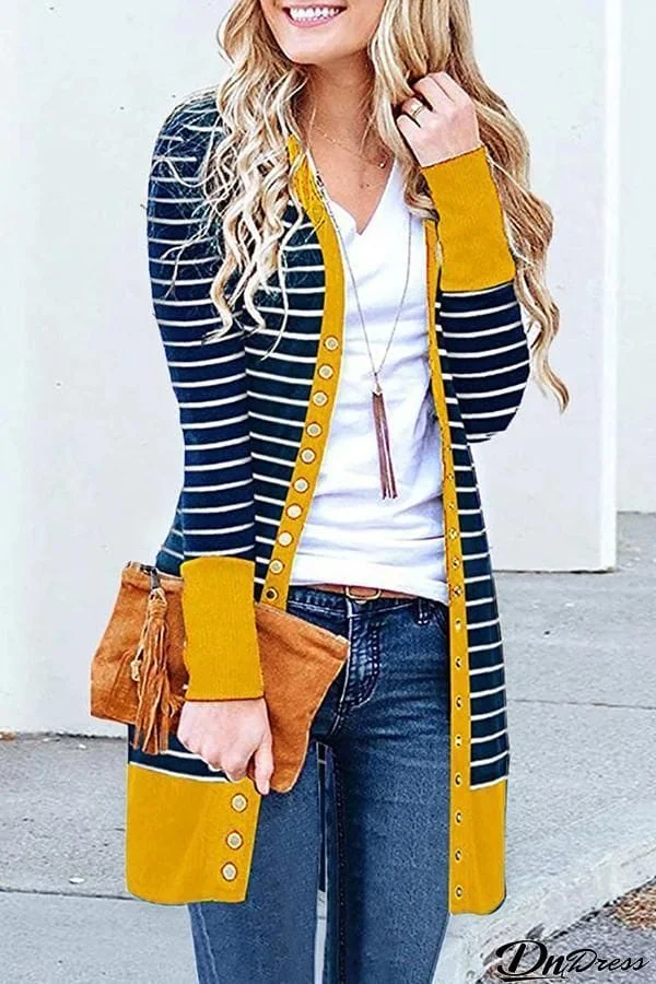 Striped Buttoned Mid-length Cardigan (6 Colors)