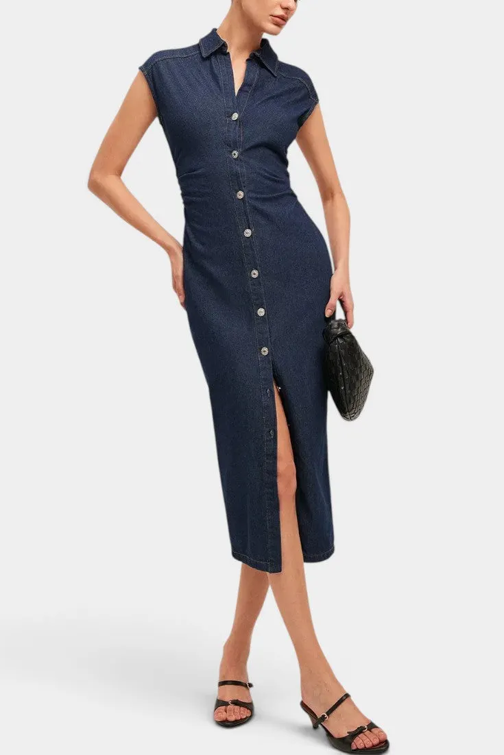Denim Shirt Collar Midi Dress with Side Slit