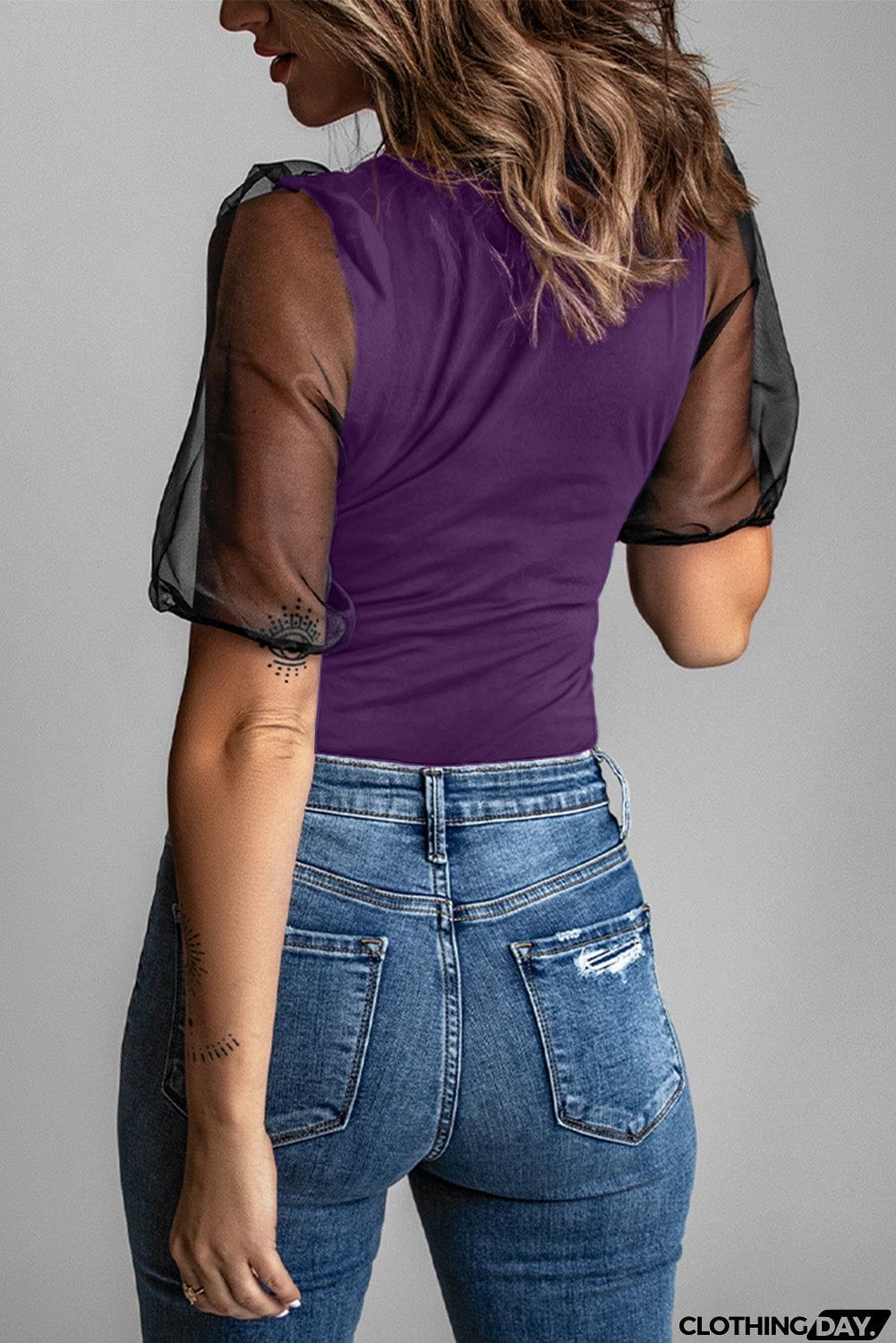 Purple Mesh Puff Short Sleeve Top