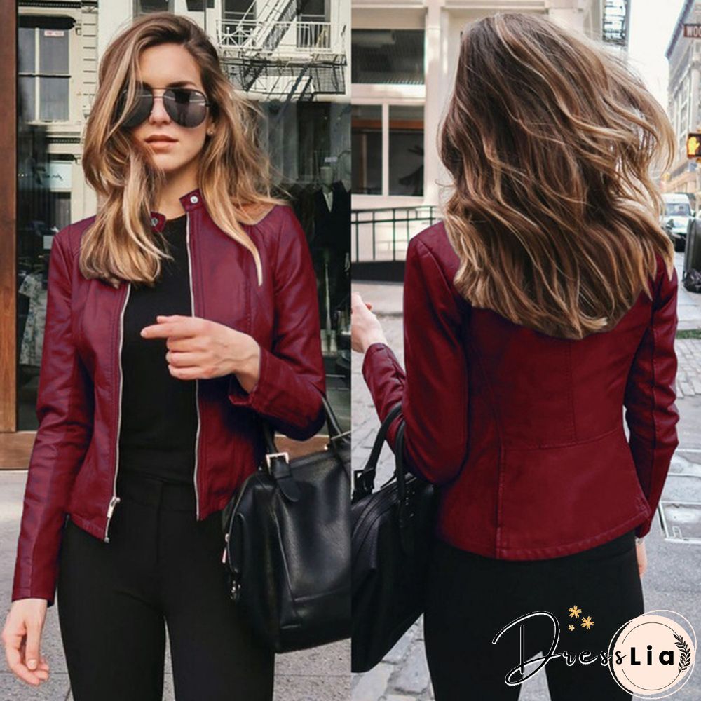 Women Spring Zipper Casual PU Leather Soft Motorcycle Leather Jacket Coat